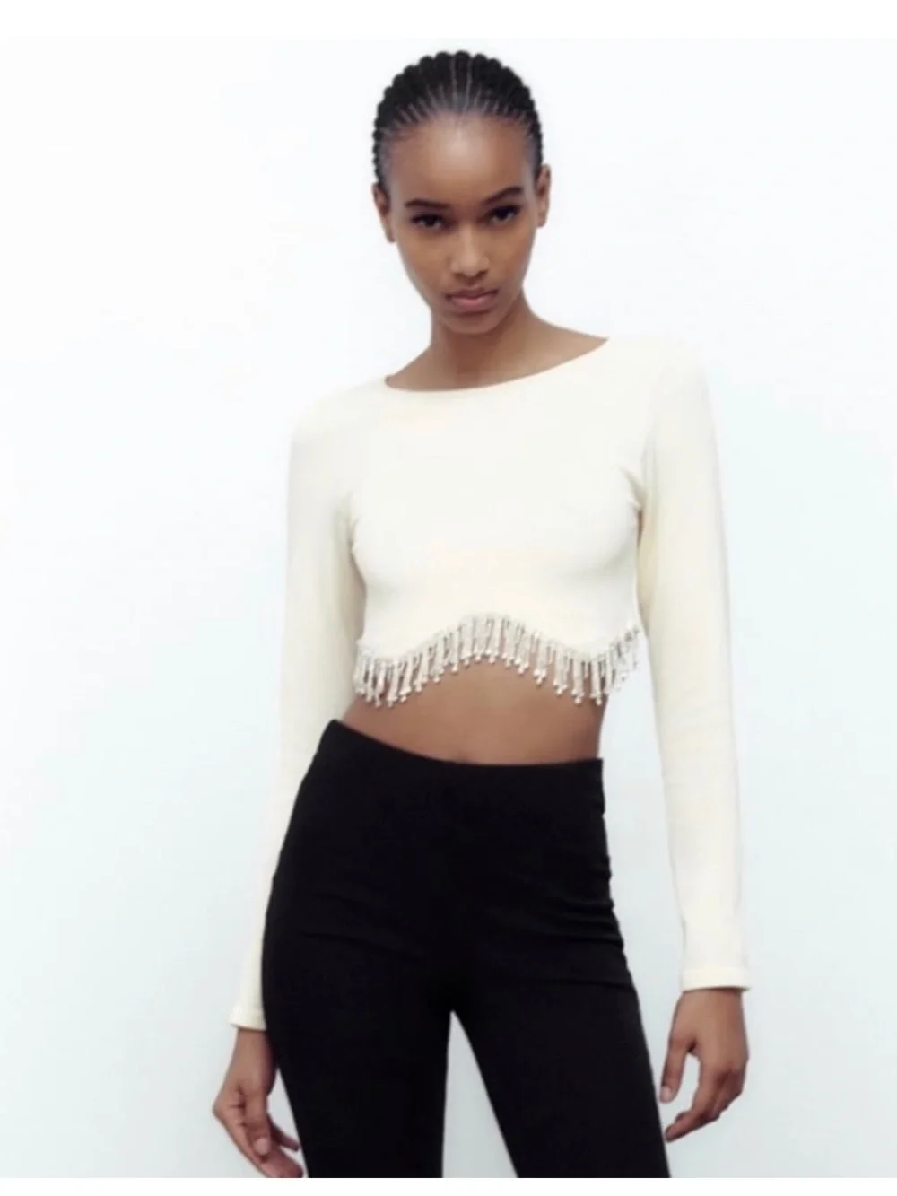 ZARA LIMITED EDITION Rhinestone Fringe Cream Top L